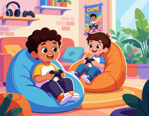 Naklejka premium Two Boys Playing Video Games in Cozy Living Room Scene
