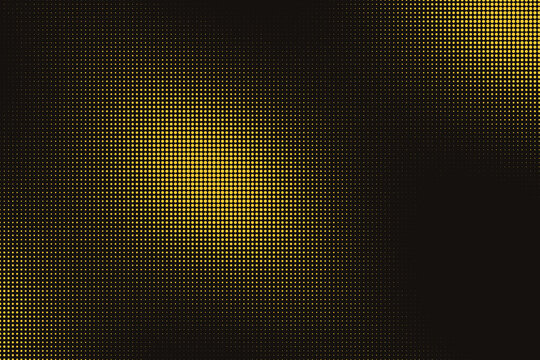 Yellow halftone dot pattern gradient on a solid black background, abstract circular grid texture