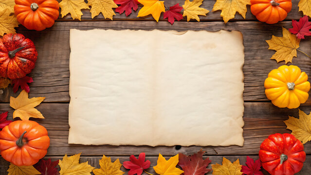 Blank vintage parchment paper with autumn pumpkins and fall leaves for seasonal design projects