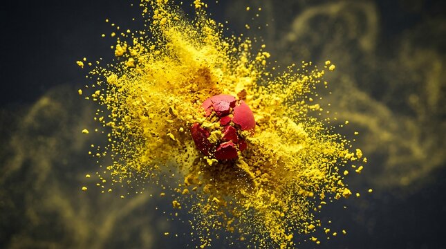 Explosi&oacute;n de polvo amarillo y esfera roja, colores de la bandera hispana, celebraci&oacute;n del Mes de la Herencia Hispana con energ&iacute;a vibrante.