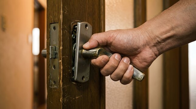 グラグラして壊れかけた古いドアノブを掴む男性の手