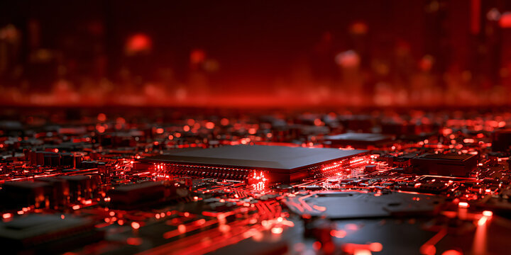 Futuristic microchip circuit board with glowing red neon light trails in high-tech digital background
