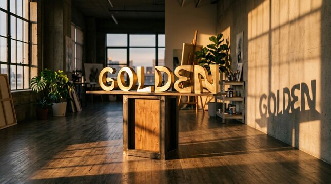 Letras doradas en 3D formando la palabra GOLDEN en estudio de arte iluminado por luz solar de atardecer con sombra proyectada.