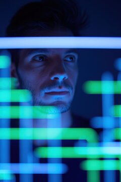Engineer Reviewing Smart Grid Energy Flow on AI-Powered Holographic Interface in Advanced Renewable Energy Systems
