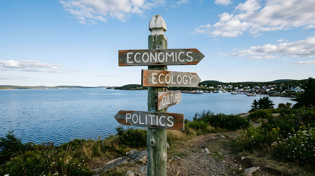 Weathered signpost directing to economics ecology culture politics