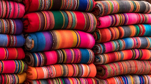 Awesome photo of colorful traditional andean textiles stacked in a market.