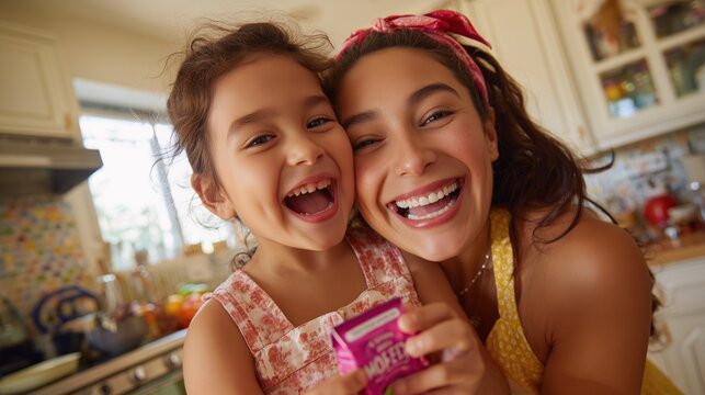 Mother and daughter laughing, bonding with joy in a bright home kitchen