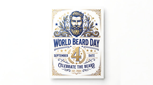 "WORLD BEARD DAY" appears prominently in blue text below the man. Beneath that, "SEPTEMBER" and "DAYS" flank a large golden number "4". At the bottom, "CELEBRATE THE BEARD"