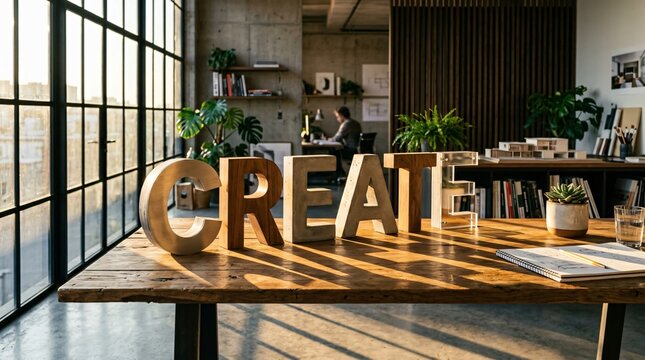 Palabra CREATE en letras 3D sobre mesa de madera en estudio de dise&ntilde;o soleado, concepto de creatividad, innovaci&oacute;n y trabajo moderno.