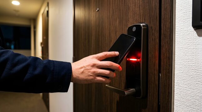 スマートロックにスマホをかざして解錠する手元
