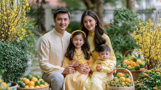 Vietnamese family in traditional yellow ao dai posing during Tet with kumquat trees and blooming apricot branches