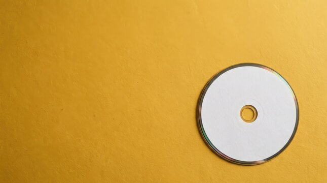Blank white compact disc isolated on vibrant textured yellow background top view overhead shot for music and data storage concepts