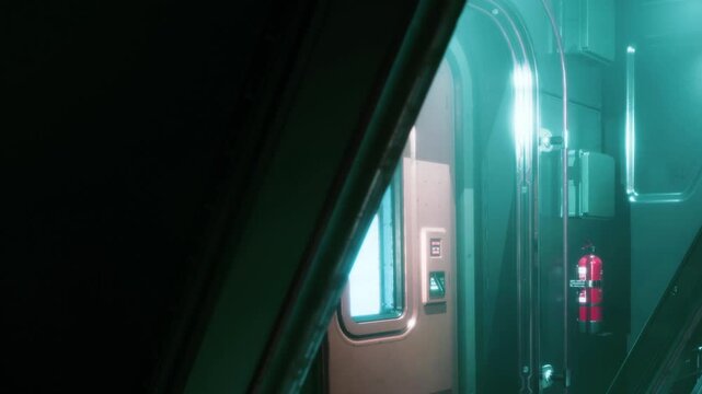 A doorway is seen in a futuristic space station. The area is dimly lit with neon lights. A fire extinguisher is mounted on the wall, and a control panel is visible nearby.
