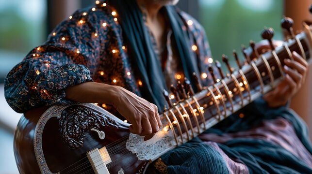 Musician playing a sitar adorned with festive string lights during a serene outdoor performance with bokeh background