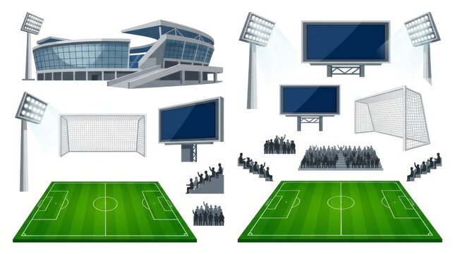 Modern soccer stadium illustration with field and crowd.