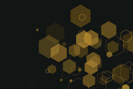 Gold hexagon shapes floating on a solid black background, geometric pattern with transparent layers