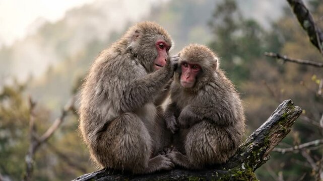 two japanese macaques close up at morning light in jigokudani monkey park japan video