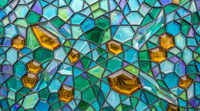 Colorful hexagonal mosaic with golden flowers