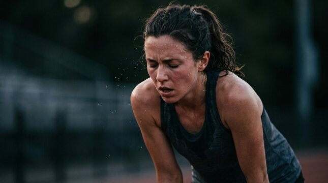 Mujer hispana atleta exhausta y sudando tras entrenamiento intenso al aire libre, esfuerzo f&iacute;sico y determinaci&oacute;n deportiva.