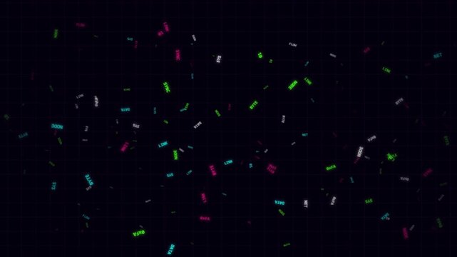 Retro futuristic cyber tech text falling on dark grid background with neon glitch effect and digital data motion.
