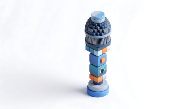 Stylized toy microphone made of colorful plastic blocks, creative voxel art mic on white background, playful audio equipment model
