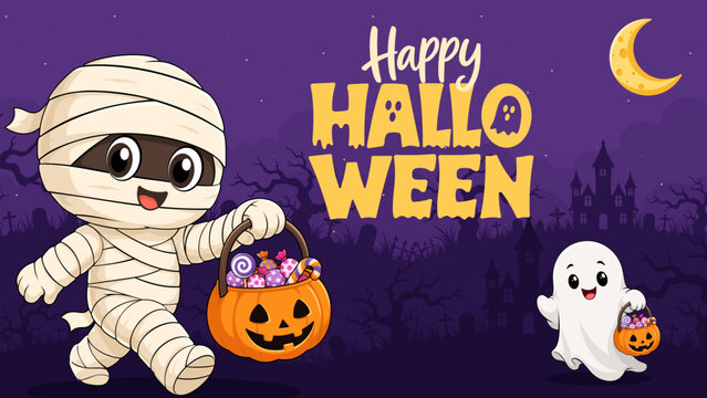 Cute Halloween Greeting Card with Mummy and Ghost Characters, Purple Haunted Night Vector Design