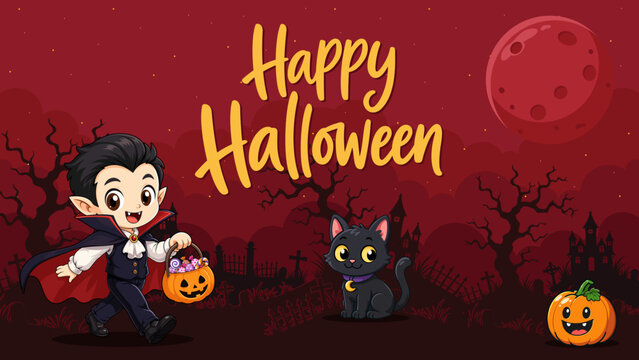 Happy Halloween Greeting Card with Cute Vampire, Black Cat and Jack O Lantern