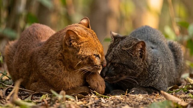 two jaguarundi cats close up at morning light in pantanal brazil wetlands video
