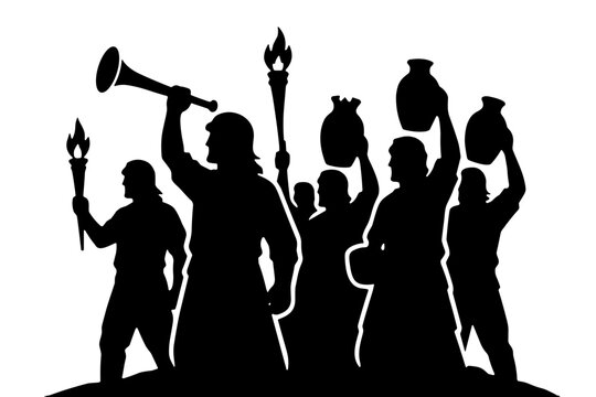 Gideon and His 300 Soldiers Old Testament Bible Story Silhouette with Torches Trumpet Clay Jars Vector Concept