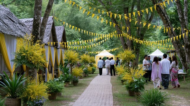 Tropical resort pathway decorated with yellow flags and lush floral arrangements during a sunny daytime event with guests