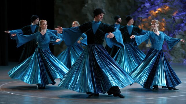 Dancers in blue flowing costumes performing a traditional folk ballet on a stage with a mystical background