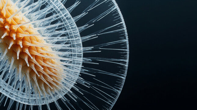 Translucent geometric beroe sac featuring crystalline macrociliary rows and fiber-optic mouth structures floating in darkness