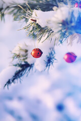 Naklejka premium Red Christmas bell hangs on a snow-covered branch of a Christmas tree against a festive background of white snow. Christmas tree with decoration under snow