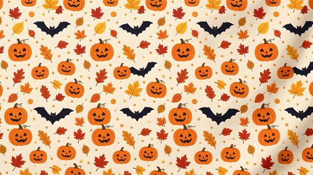 Seamless pattern with halloween pumpkins, scary jack o lanterns, autumn leaves and flying bats