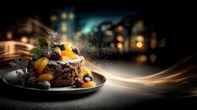 A small fruit-topped pastry dusted with powdered sugar sits on a dark plate, set against a blurred night city backdrop with warm glowing bokeh lights and soft golden light trails.

