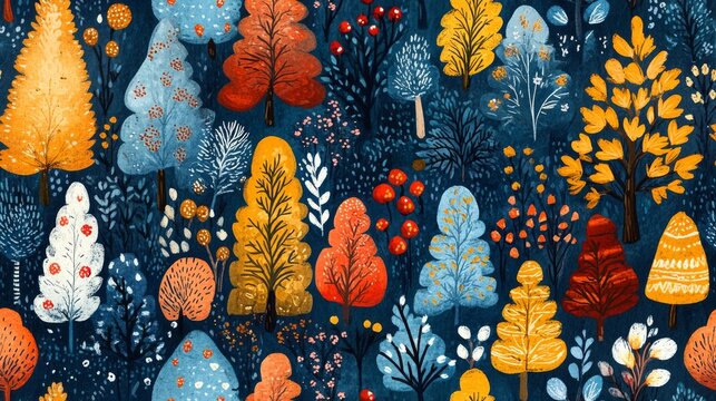 This is a flat, decorative forest illustration with a deep navy blue background. Stylized trees in yellow, red, and blue are arranged in a staggered pattern, complemented by scattered small polka dot 