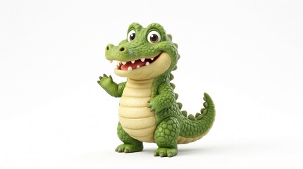 Fototapeta premium Cheerful 3D cartoon crocodile with bright green scaly skin and cream belly. Standing with one paw raised, big eyes, and wide friendly smile.
