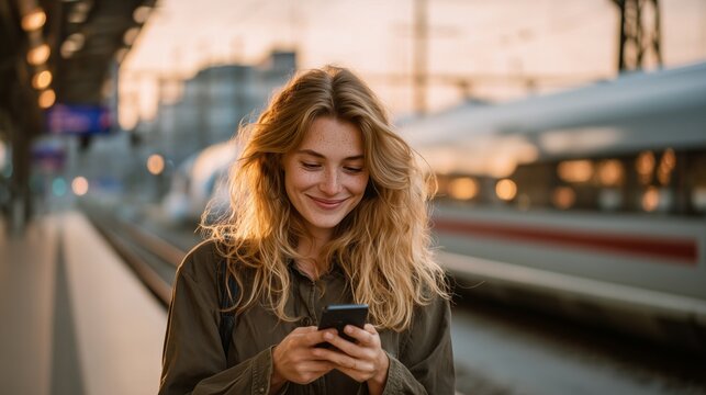 Happy woman checking phone at a platform, waiting for her train during sunset