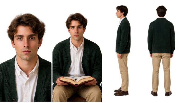 Character turnaround portrait of a 20 year old man wearing a chunky dark green cardigan, white button-down shirt, and khaki chinos isolated on transparent background