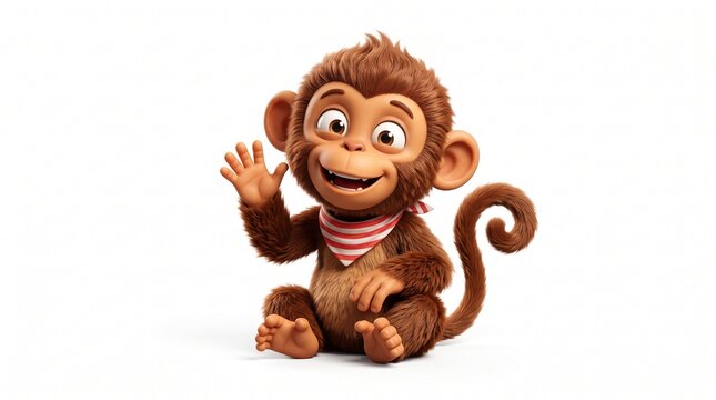 Playful 3D cartoon monkey with fluffy brown fur and big expressive eyes. Sitting and waving, wearing a red and white striped bandana with a curly tail.