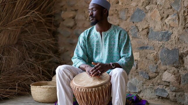 Man in traditional attire playing djembe drum against textured stone wall with natural light