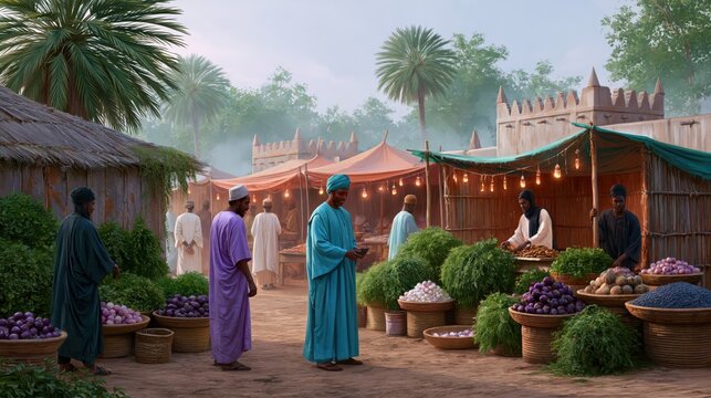 African traders in traditional attire at a bustling outdoor market during soft morning light with stalls laden with fresh produce and spices