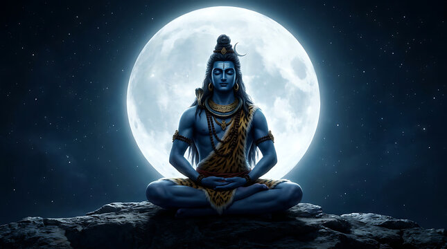 Lord shiva meditating under a full moon in a serene night sky