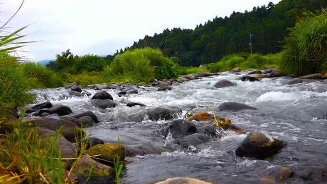 Kurenai Suspension Bridge and River Stream in Shiobara Onsen Resort, Nasushiobara, Tochigi, Japan