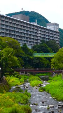 Kurenai Suspension Bridge and River Stream in Shiobara Onsen Resort, Nasushiobara, Tochigi, Japan