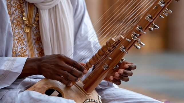Musician's hands playing a Kora lute with intricate strings during a daytime cultural performance