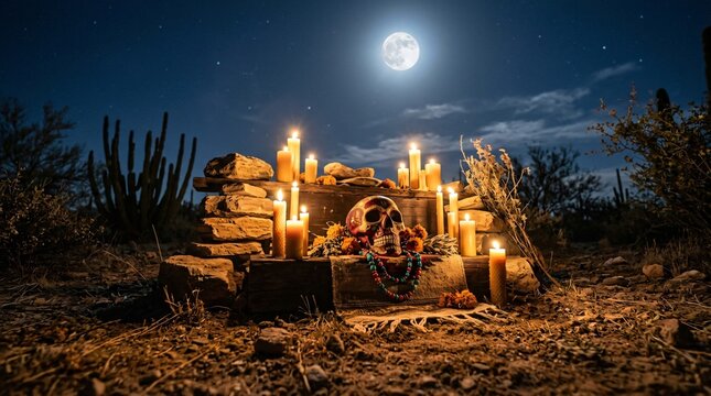 Altar tradicional del D&iacute;a de los Muertos en el desierto bajo la luna llena, con calavera decorada, velas encendidas y flores para el Mes de la Herencia Hispana.