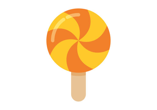 Piruleta redonda con espiral naranja y amarilla sobre fondo blanco