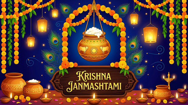 Krishna janmashtami celebration with dahi handi and traditional decorations