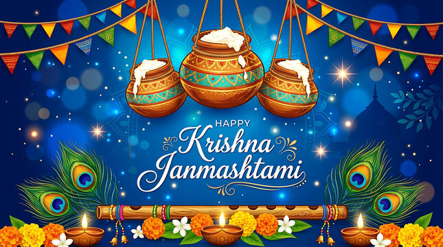 Happy krishna janmashtami celebration with dahi handi and flute